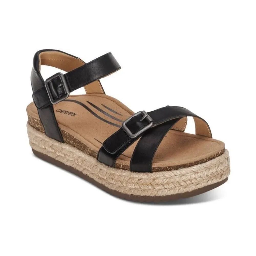 Aetrex Paula Arch Support Platform Sandal Black Leather, Jute Boho Comfy Resort